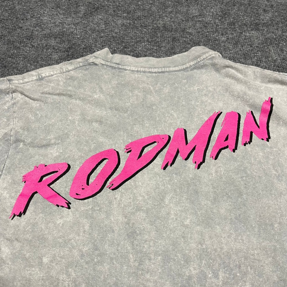 Dennis Rodman Shirt Womens Medium Acid Wash Grey Pink Hair NBA Streetwear Tee - Picture 5 of 9